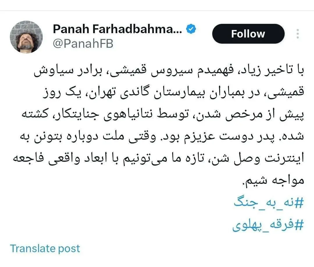 برادر سیاوش قمیشی در جنگ اخیر ایران شهید شد